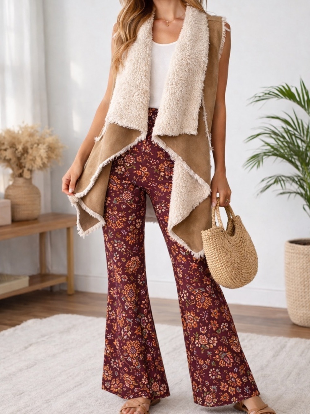 Xhilaration Tan Suede Faux Shearling Open Front Vest